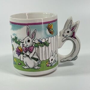 Bunny Rabbit Coffee Mug Cup Bunny Shaped Handle  Easter‎ Spring Florals